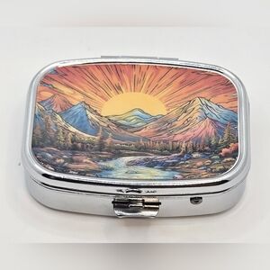 Scenic Mountain Sunset Metal 2 Compartment Travel Pill Organizer Case